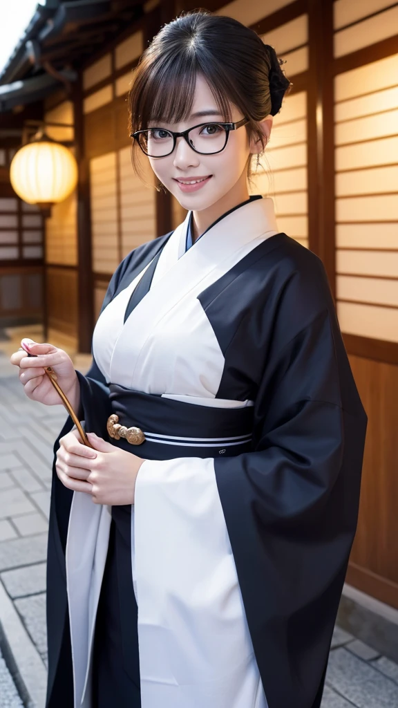 (Super beautiful woman in kimono)、((highest quality、8K masterpiece:1.3))、sharp focus:1.2、(super beautiful face:1.0)、(shiny skin:1.0)、realistic pictures、black hair、video lighting、High resolution eyes and face、video lighting、japanese actress、from the front、big breasts、with a happy smile、Slender abs beauty、whole body、wearing a kimono、in Kyoto、(((luxury obi)))、In Kyoto at night、wearing glasses with no edge、with a fan