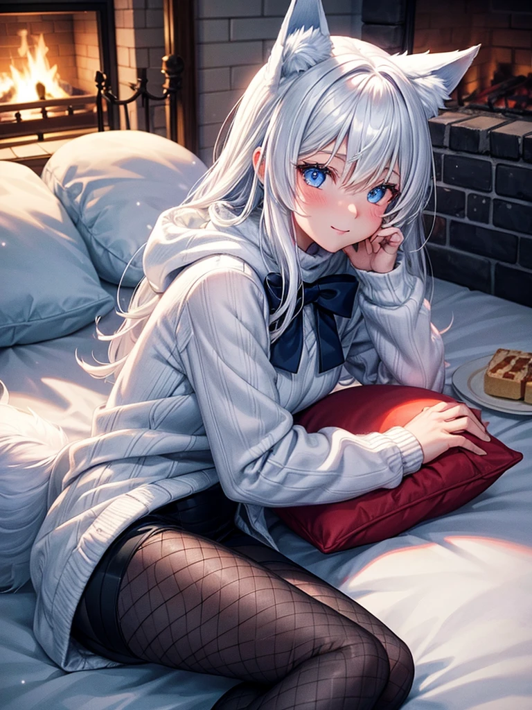 Anime, 1girl, white hair, blue eyes, glowing eyes, fishnet leggings, white winter sweater, mini-skirt, slight smile, blush, cozy house, fireplace, kitsune girl, fox plush, nine tailed girl, snow, white neck bow, fox ears, black tight leggings, blue glowing, winter themed blanket, winter themed bedroom, backside view, pillows, hot cocoa, candy cane, 