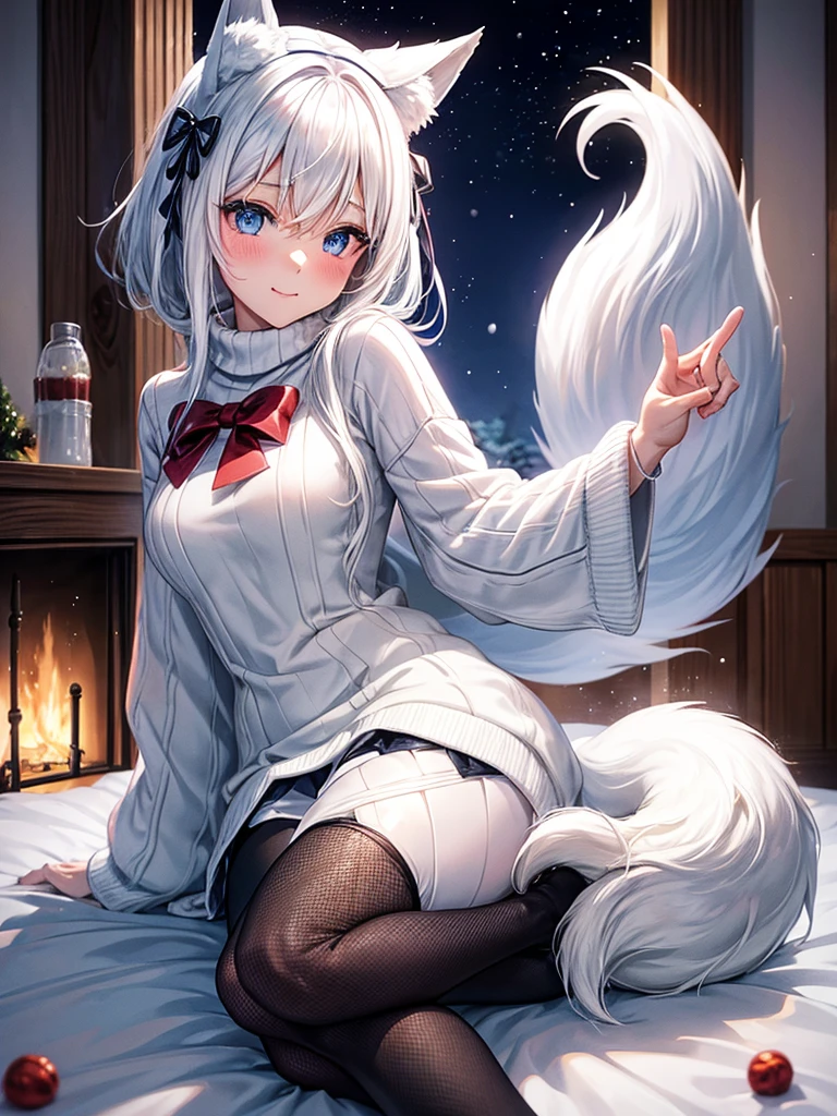 Anime, 1girl, white hair, blue eyes, glowing eyes, fishnet leggings, white winter sweater, mini-skirt, slight smile, blush, cozy house, fireplace, kitsune girl, fox plush, nine tailed girl, snow, white neck bow, fox ears, black tight leggings, blue glowing, winter themed blanket, winter themed bedroom, backside view, pillows, hot cocoa, candy cane,