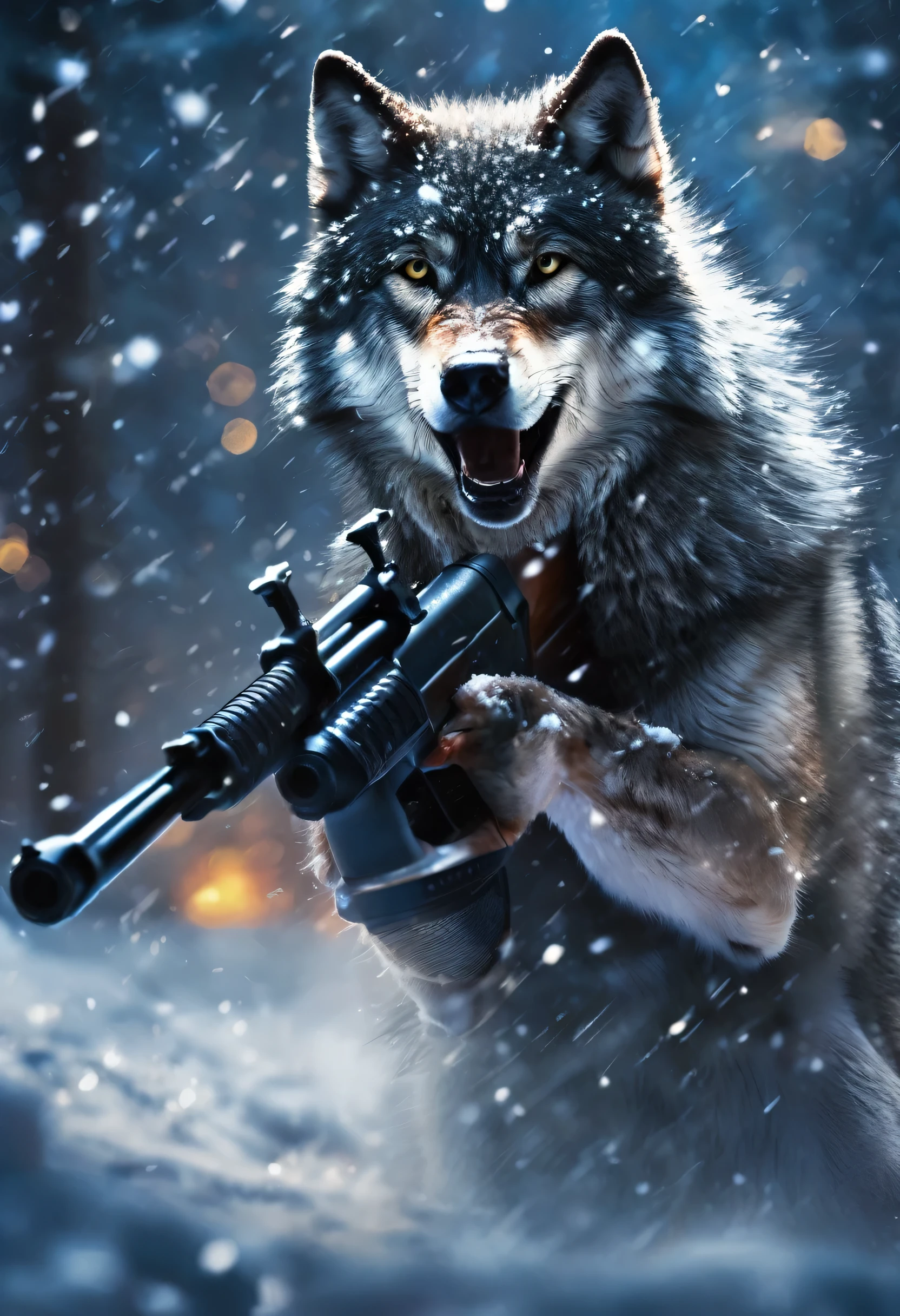 1 Wolf holding a shotgun in its clawed paw, snarling, pointing the gun at a male, forest, falling_snow, snowing, night time, flash photography, blurry background, bokeh, eye level, ultra realistic, professional photo, high_resolution, hyperdetailed, HD, masterpiece