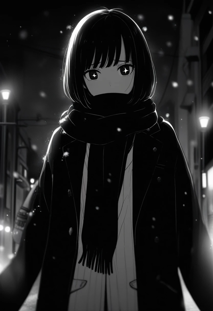 1girl, momose \(oqo\) official art, masterpiece, best quality, grayscale, manga style, japanese, chi no wadachi, black eyes, sparkling eyes, street, iced, black hair, schoolbag, lineart, looking at viewer, black coat, black scarf, adult female, mature_female:1, tall, fair skinned, bokeh background, bob cut, light particles, centered, snowing, emotional anime scene, official wallpaper scenery:1.1, (very aesthetic, best quality, ultra detailed), intricate details, red and blue lights flashing, cool, soleless, emotionless, tired, street lamp, surrounded by darkness, stars in the sky, biting, full shot, texture \(hatching\), scarf over mouth, nestled beneath scarf, pain, in pain