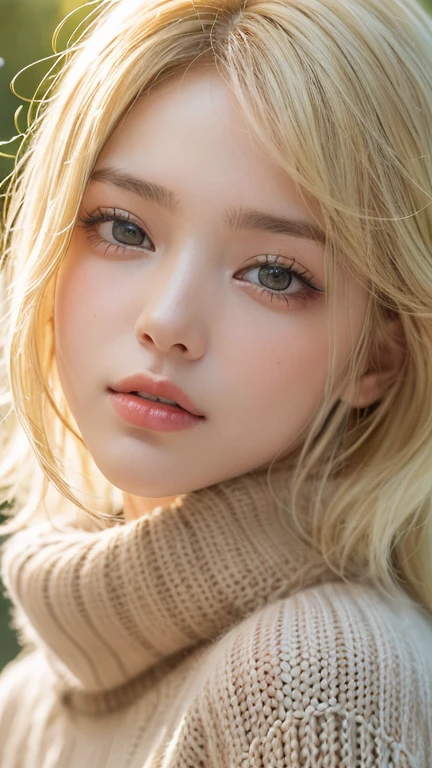 (Bright and very beautiful blonde hair、Silky Bob Hair:1.2),(Wear a knitted sweater:1.2),1 Girl,Japanese,21 years old,(Small breasts:1.3),(Highest quality,masterpiece:1.3,Ultra-high resolution,),(Very detailedな,Caustics),(Photorealistic:1.4,RAW shooting,)Ultra-Realistic Capture,Very detailed,High resolution 16K human skin closeup。 Natural skin texture、,Pores、、It must be detailed enough to be easily identifiable。 Skin tone is even and healthy looking。 Use natural light and color, Sad expression, Looking at the camera, Perfect dynamic composition, Outdoor