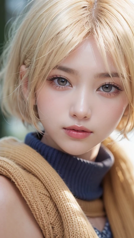 (Bright and very beautiful blonde hair、Silky Bob Hair:1.2),(Wear a knitted sweater:1.2),1 Girl,Japanese,21 years old,(Small breasts:1.3),(Highest quality,masterpiece:1.3,Ultra-high resolution,),(Very detailedな,Caustics),(Photorealistic:1.4,RAW shooting,)Ultra-Realistic Capture,Very detailed,High resolution 16K human skin closeup。 Natural skin texture、,Pores、、It must be detailed enough to be easily identifiable。 Skin tone is even and healthy looking。 Use natural light and color, Sad expression, Looking at the camera, Perfect dynamic composition, Outdoor