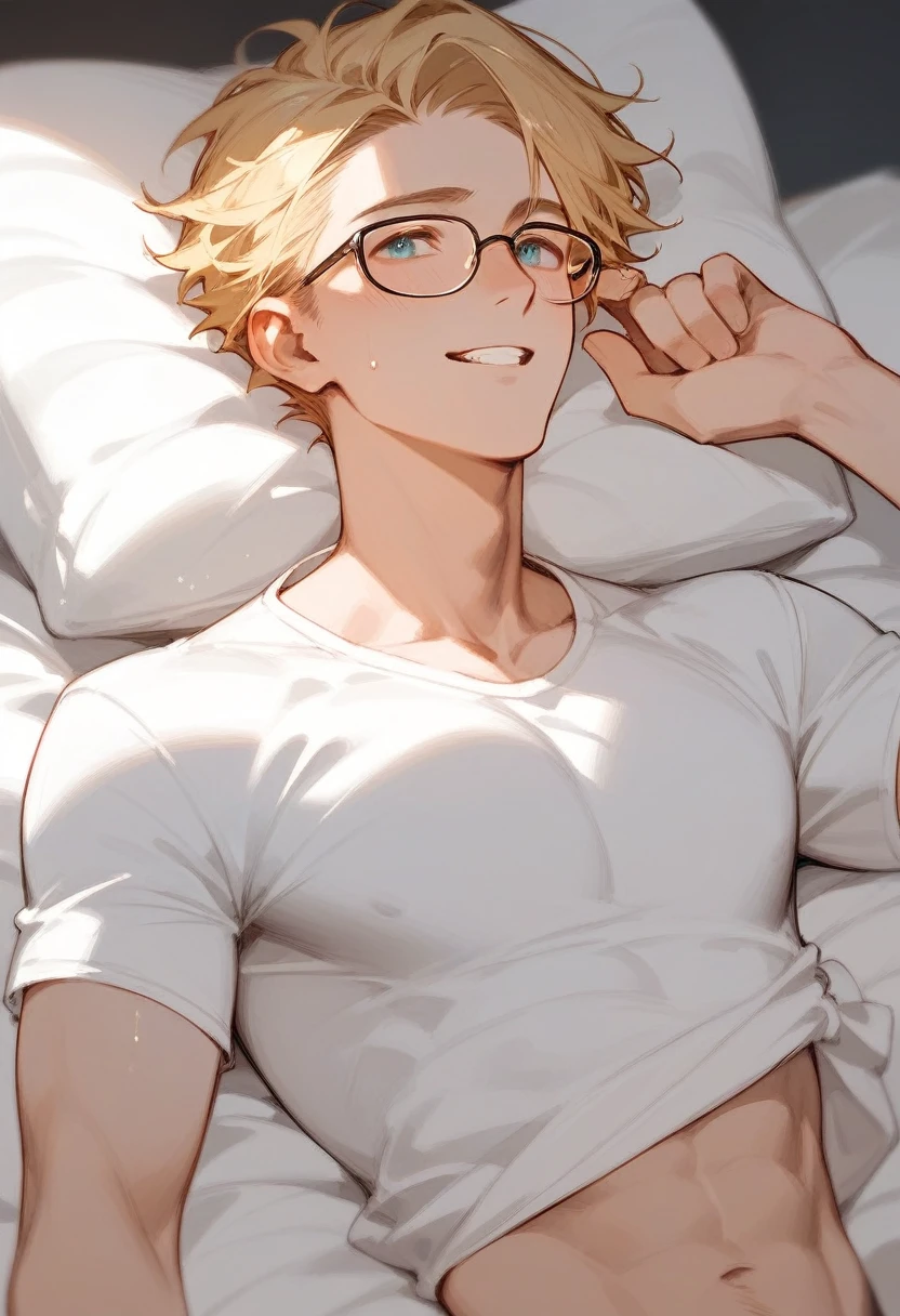 He is a man lying in bed with his eyes open and a look of desire sweating a lot. He is 18 years old, blonde and wears glasses, his hair is neck length., he's excited.
