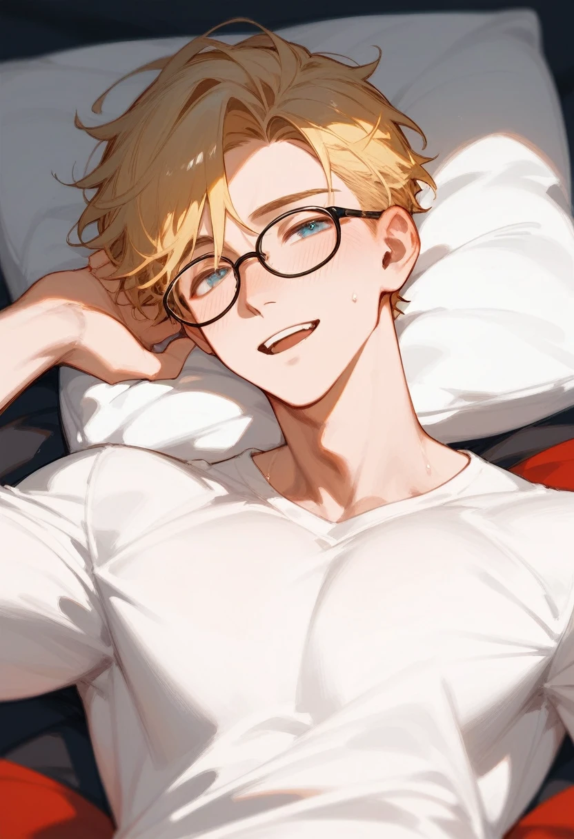 He is a man lying in bed with his eyes open and a look of desire sweating a lot. He is 18 years old, blonde and wears glasses, his hair is neck length. 