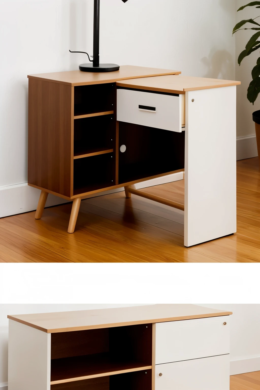 I want the drawing style for a manual , a drawing of a assembleable glueable piece of furniture , I want the manual to explain how to assemble it and what pieces come together and a brief explanation. . these are the specifications :    Nightstand Mode:
  - Dimensions: 45cm wide and 45cm long.
  - Functionality: Used as a nightstand, offering space to place a lamp, books, or personal items.

Desktop Mode:
  - Dimensions: About 120cm long, 45 cm wide and between 75 to 80 cm high.
Functionality: When pulling the right side part, The furniture folds out to become a desk, providing a suitable work area for activities such as studying, Work from home, or perform creative tasks.

This innovative design allows you to maximize the use of available space in small homes., offering versatility and style in a single piece of furniture.

