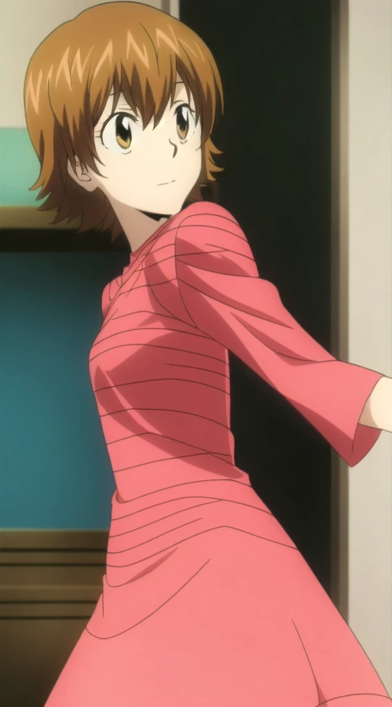 kyoko1, short hair, brown hair, pink striped dress, brown eyes, Masterpece, look at the views,