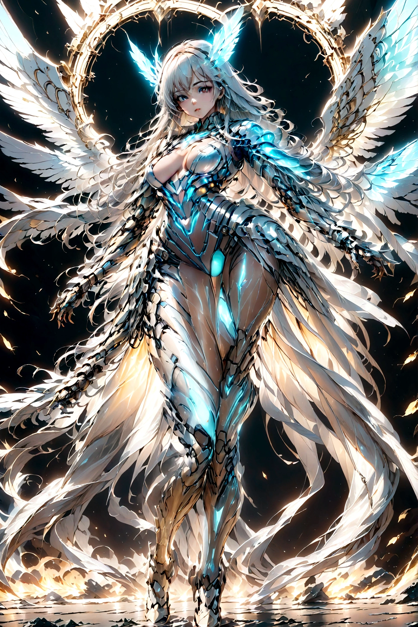 You have a mission!! task (((The most beautiful bionic angel in a perfectly tailored outfit in a given situation))), (give the solution!!), (((one rule is the golden ratio and white balance))), ((always draw hands and fingers correctly, correct them if you make a mistake)), In the darkness, a woman's figure is illuminated by a circular light that frames her head, young cyborgetic angelic female, complete body, Caucasian skin, short, body, bio cyborg body, show cleavage, bio cyborg arm's, curved lips, long fire hair, bio cyborg legs, battle Valhalla background, ultra detailed lighting, Translucent mechanical wing , ultrarealistic, 8k, neon golden,