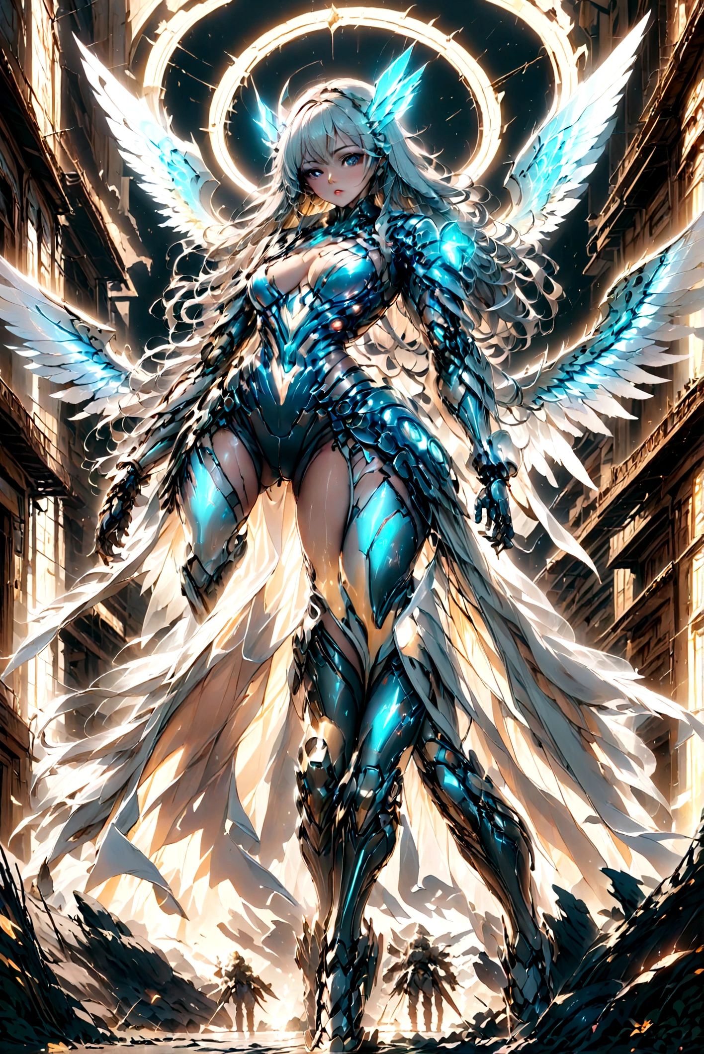 You have a mission!! task (((The most beautiful bionic angel in a perfectly tailored outfit in a given situation))), (give the solution!!), (((one rule is the golden ratio and white balance))), ((always draw hands and fingers correctly, correct them if you make a mistake)), In the darkness, a woman's figure is illuminated by a circular light that frames her head, young cyborgetic angelic female, complete body, Caucasian skin, short, body, bio cyborg body, show cleavage, bio cyborg arm's, curved lips, long fire hair, bio cyborg legs, battle Valhalla background, ultra detailed lighting, Translucent mechanical wing , ultrarealistic, 8k, neon golden,