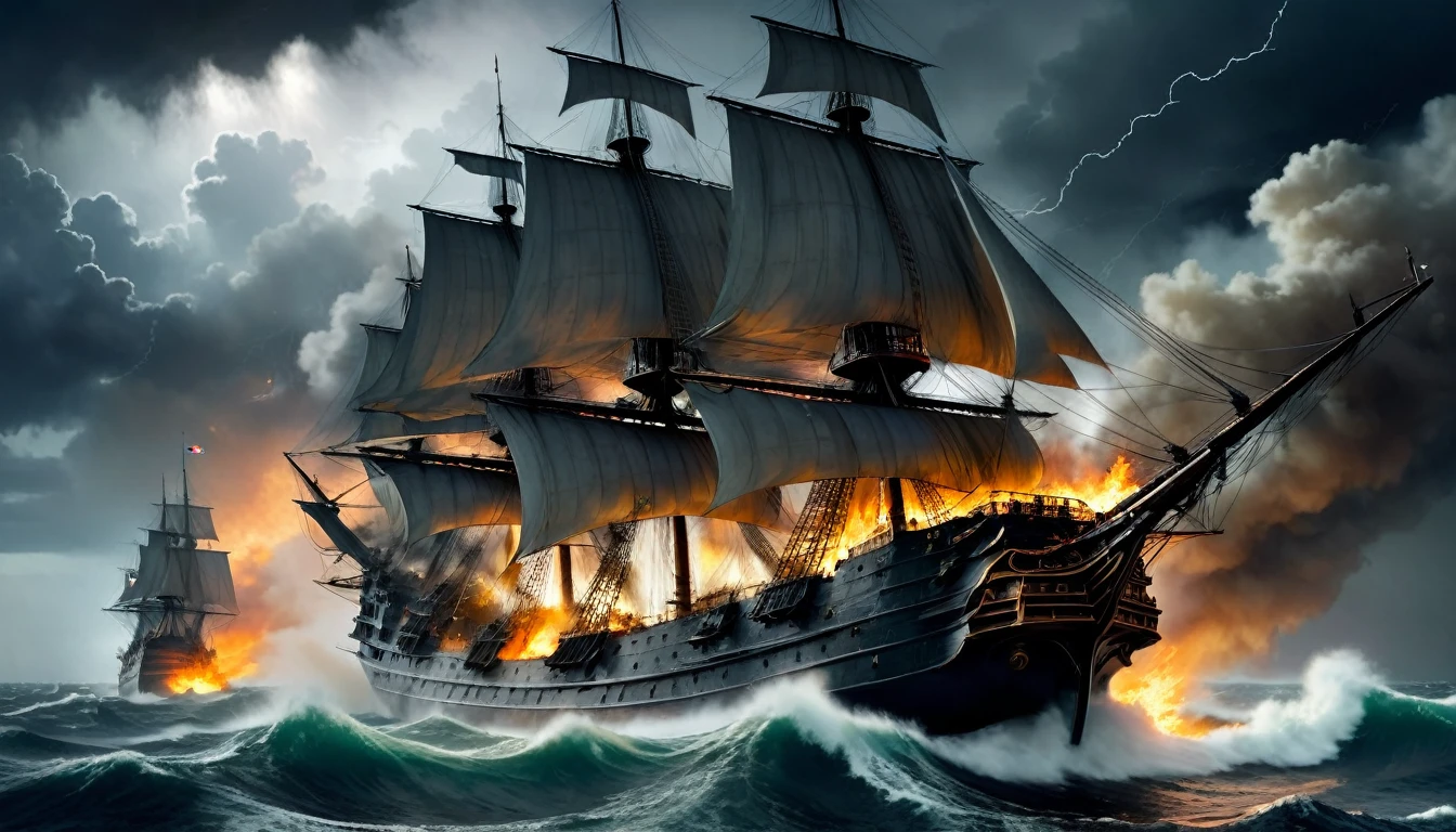 picture of a ship during a storm, from which comes out a lot of smoke, ships on fire, Burning Ships, Naval battle, epic Naval battle, Battleship, A Dramatic Work of Art, Ship, lost in a storm, pirate ships during the war at night, stormy and grandiose war scene, historical works of art, разрушенный Ship, Francisco de Hollanda, The Flying Dutchman