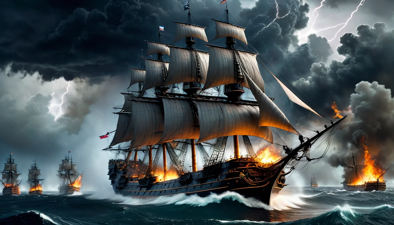 picture of a ship during a storm, from which comes out a lot of smoke, ships on fire, Burning Ships, Naval battle, epic Naval battle, Battleship, A Dramatic Work of Art, Ship, lost in a storm, pirate ships during the war at night, stormy and grandiose war scene, historical works of art, разрушенный Ship, Francisco de Hollanda, The Flying Dutchman