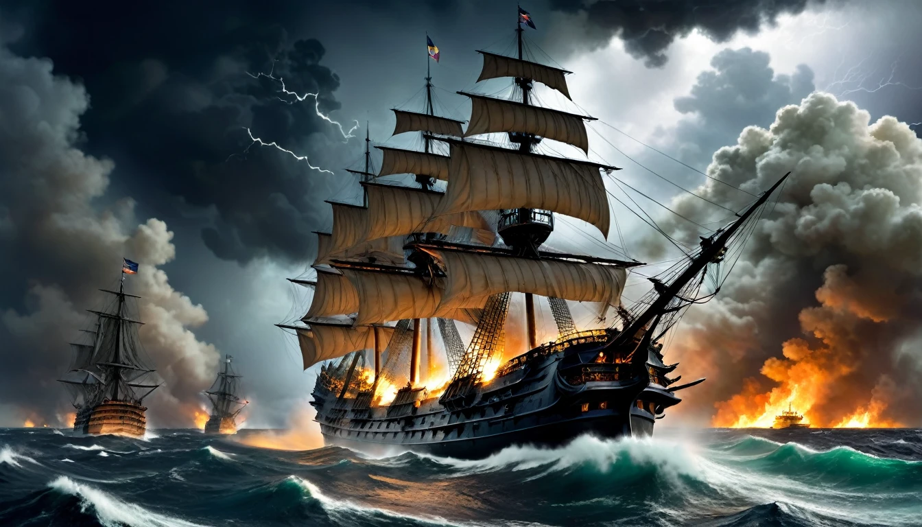 picture of a ship during a storm, from which comes out a lot of smoke, ships on fire, Burning Ships, Naval battle, epic Naval battle, Battleship, A Dramatic Work of Art, Ship, lost in a storm, pirate ships during the war at night, stormy and grandiose war scene, historical works of art, разрушенный Ship, Francisco de Hollanda, The Flying Dutchman