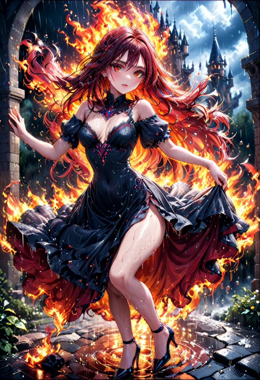 a sorceress of fire making fire dance in a the (storm of rain: 1.3), a most exquisite beautiful sorceress, controlling fire manipulating fire, a woman, dynamic hair color, dynamic hair style, (most beautiful face: 1.3), (ultra detailed face: 1.2), wet hair, wet face, dynamic eyes color, full body shot, wearing dress made of fire, wearing intricate high heels, light make up, dancing in courtyard of a fantasy castle background, ((heavy rain drops: 1.1)), clouds in the sky, (anatomically correct: 1.4), (full body shot: 1.1) , vibrant, Ultra-high resolution, High Contrast, (masterpiece:1.5), highest quality, Best aesthetics), best details, best quality, highres, ultra wide angle, 16k, [ultra detailed], masterpiece, best quality, (extremely detailed), faize, Intense gaze, goth person