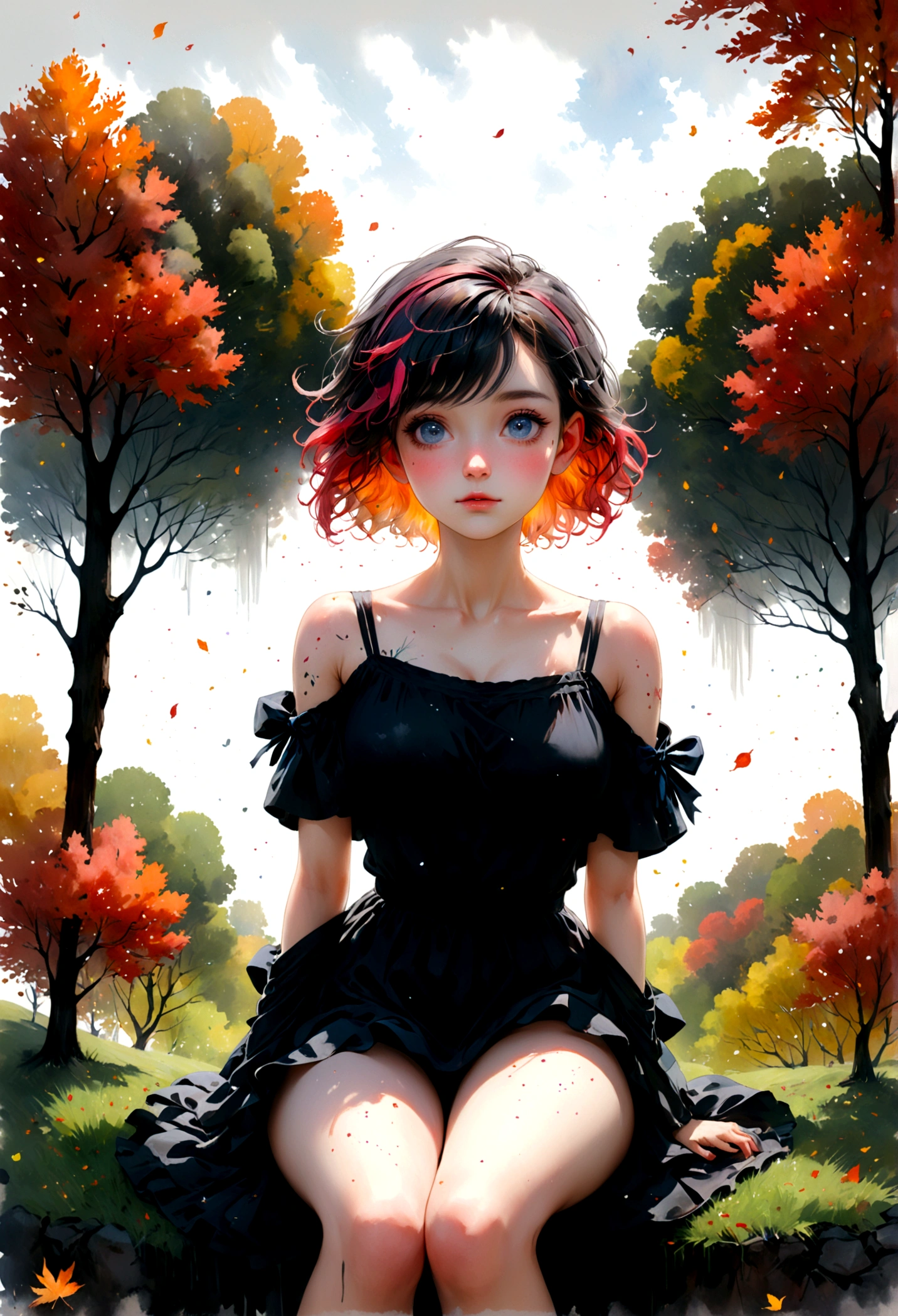 (8K, Best quality, Masterpiece:1.2),(Best quality:1.0), (Ultra-high resolution:1.0), aquarel, A beautiful woman, Shoulder, tress ribbon, upper legs,Sitting,author：Agnes Cecile, half-body portrait, extremely luminous bright design, Pastel colors, (ink:1.3), Autumn light avatar，Daughter，Sassy，exquisite facial features，dingdall effect，depth of fields，dream magical