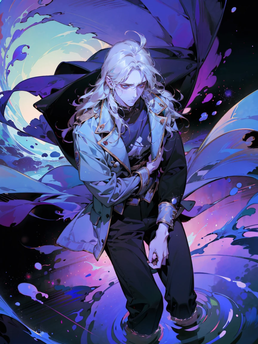 ((1 male)). ((manly:1.2)), Create a detailed portrait of a man with long hair that transitions from black at the roots to lavender at the ends, styled in an ombre effect. His hair is flowing freely in the water around him. ((he's lying in the water)). He has striking green eyes that contrast with his pale skin, adding a hint of vibrancy to his exhausted appearance. His face is etched with fatigue and weariness, reflecting the toll of extensive overtime work, with dark circles under his eyes and a slightly furrowed brow. He is dressed in baggy, cyberpunk-style clothing in black and white shades, which drape loosely over his slender frame. The outfit includes a futuristic, oversized jacket and relaxed-fit pants, complete with subtle, glowing neon accents. ((The setting shows him floating on his back in water, viewed from above)). The water reflects a stunning cosmos of vibrant colors, with stars and galaxies swirling around. His pose is relaxed, as if he is surrendering to the current. The overall mood conveys a strong sense of exhaustion and the desperate need for a moment of respite amidst a relentless, cyberpunk landscape. The background features hints of a dystopian environment with scattered tech gadgets and dim screens faintly visible beneath the water, reinforcing the sense of a worn-out world.