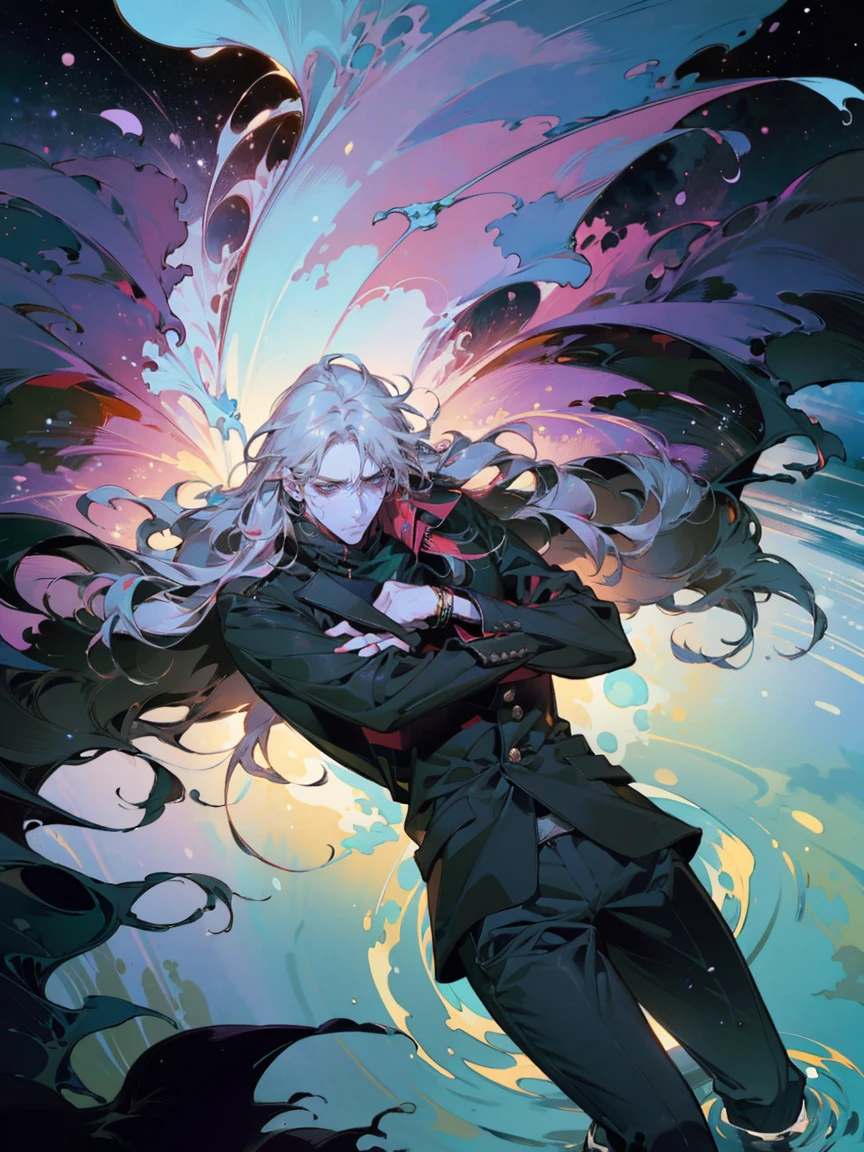 ((1 male)). ((manly:1.2)), Create a detailed portrait of a man with long hair that transitions from black at the roots to lavender at the ends, styled in an ombre effect. His hair is flowing freely in the water around him. ((he's lying in the water)). He has striking green eyes that contrast with his pale skin, adding a hint of vibrancy to his exhausted appearance. His face is etched with fatigue and weariness, reflecting the toll of extensive overtime work, with dark circles under his eyes and a slightly furrowed brow. He is dressed in baggy, cyberpunk-style clothing in black and white shades, which drape loosely over his slender frame. The outfit includes a futuristic, oversized jacket and relaxed-fit pants, complete with subtle, glowing neon accents. ((The setting shows him floating on his back in water, viewed from above)). The water reflects a stunning cosmos of vibrant colors, with stars and galaxies swirling around. His pose is relaxed, as if he is surrendering to the current. The overall mood conveys a strong sense of exhaustion and the desperate need for a moment of respite amidst a relentless, cyberpunk landscape. The background features hints of a dystopian environment with scattered tech gadgets and dim screens faintly visible beneath the water, reinforcing the sense of a worn-out world.