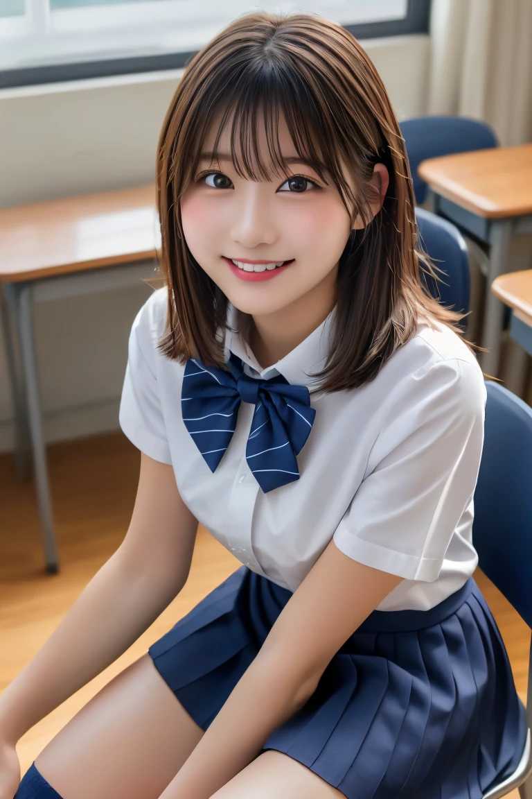 Highest quality, (beautiful)、Brown Hair、Bowtie、Short Sleeve Business Shirt、Close-up、smile、looking at the camera、Big 、Shoot from below、Navy Blue Skirt、Black knee socks、School、Sit on a chair