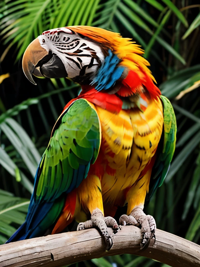 Realistic, exotic animal, colorful parrot with tiger body parts, tiger paws , mixed, no human parts, jungle, 50/50, parrot body, tiger claws, tiger head, perched in the jungle, tiger stripes