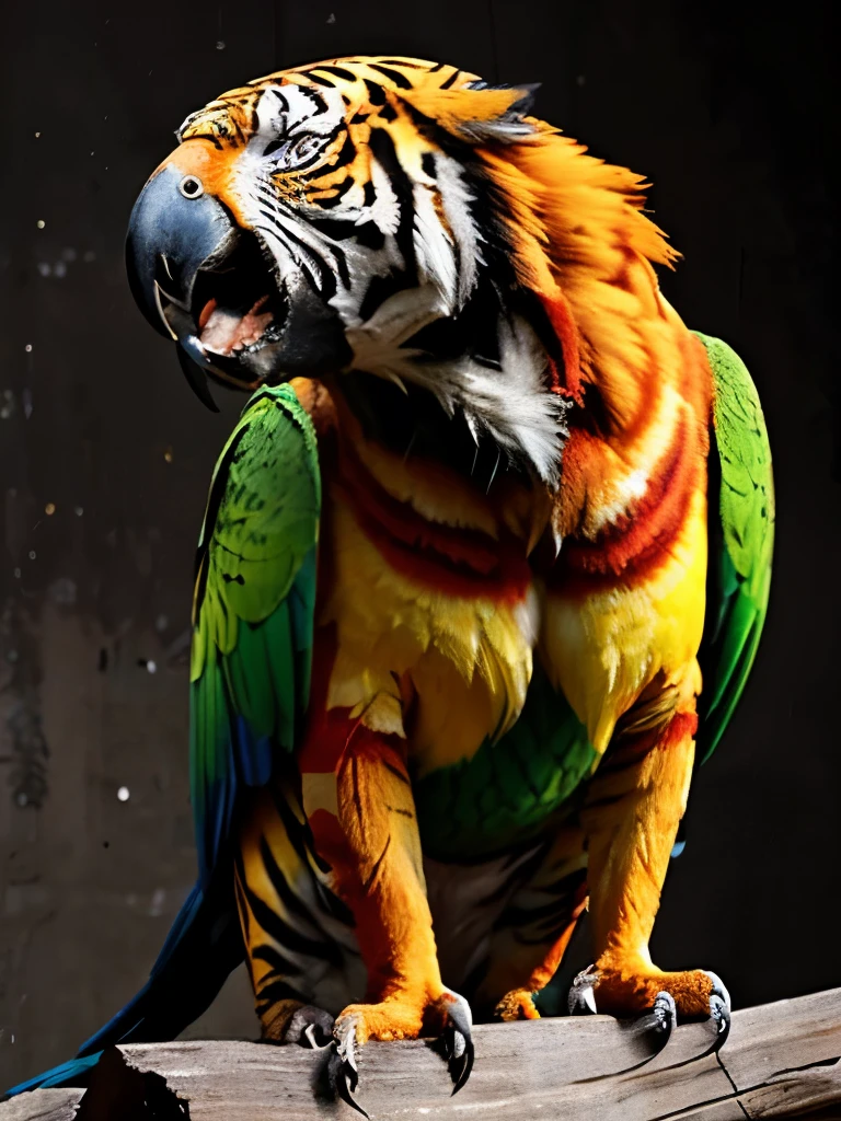 Realistic, exotic animal, colorful parrot with tiger body parts, tiger claws , mixed, no human parts, jungle, 50/50, parrot body, tiger claws, tiger head