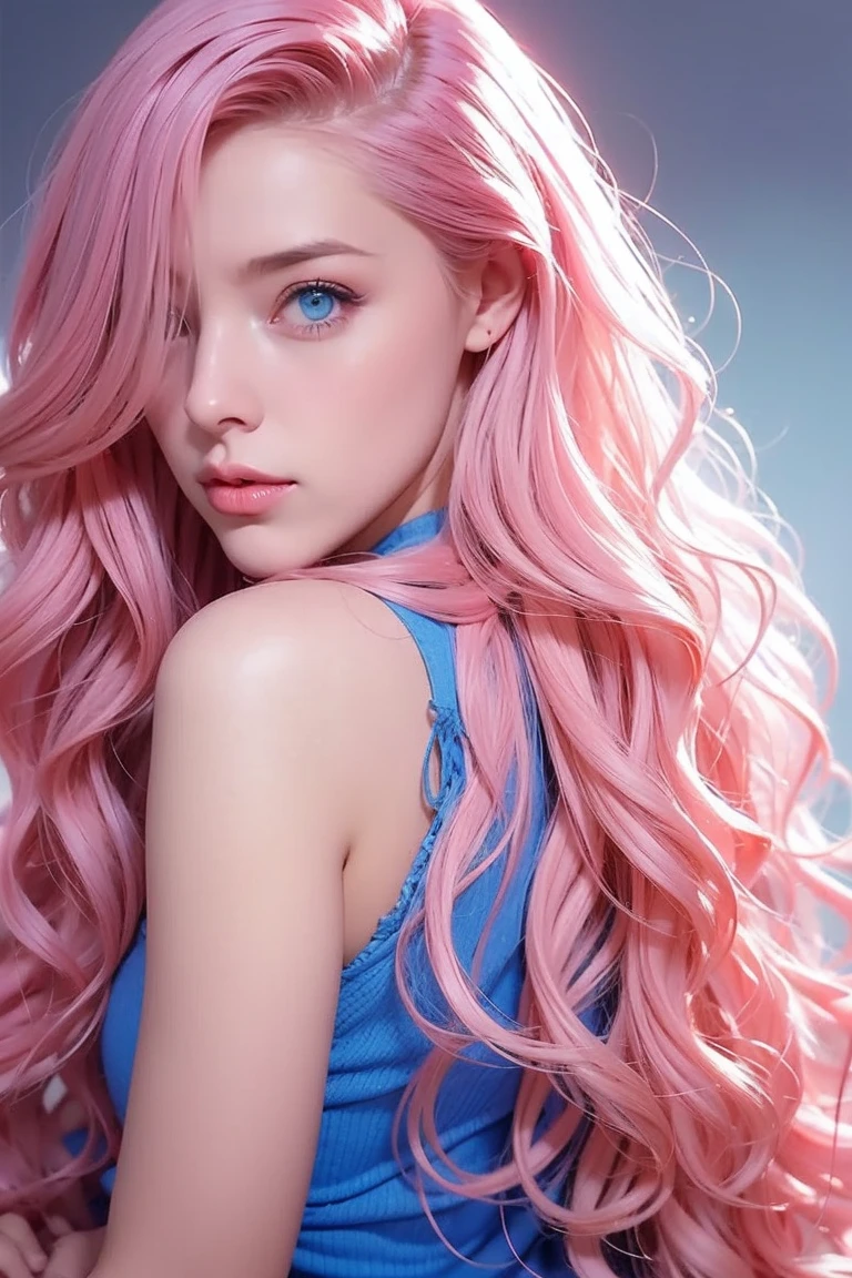 Women, long wavy hair, pink hair, Blue eyes, sexy, short, Bold outfit, bottom, people in the bottom, hair price, people in the bottom