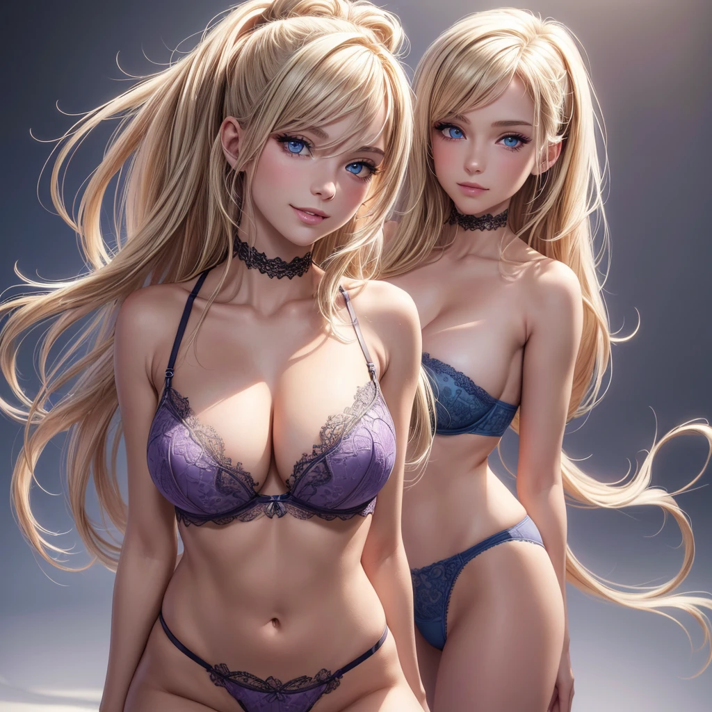 ((Solo)),(best quality: 1.4),Full body , high resolution, masterpiece, 4k, ultra detailed, very beautiful girl masterpiece, sexy blonde, long hair, ponytail, blue eyes, expressive eyes, detailed skin, realistic skin texture, texture, detailed eyes, beautiful woman, lilac bra, lilac lace panties, big tits , bikini .smiling face , pubic haired