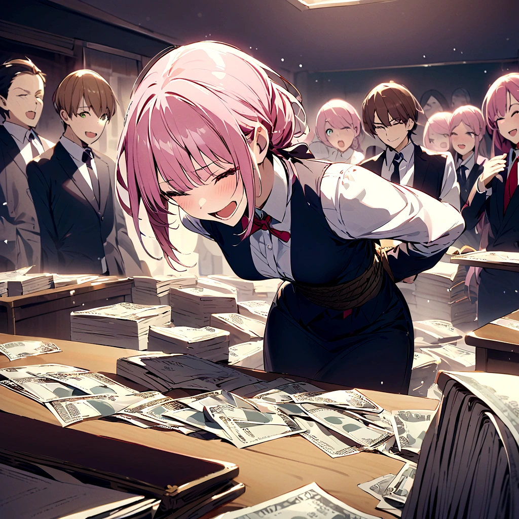 There is a stack of bills on the desk、Around the desk３People Women、Laughing out loud、Boy tied up behind his back、Pink Hair、Drill Twin