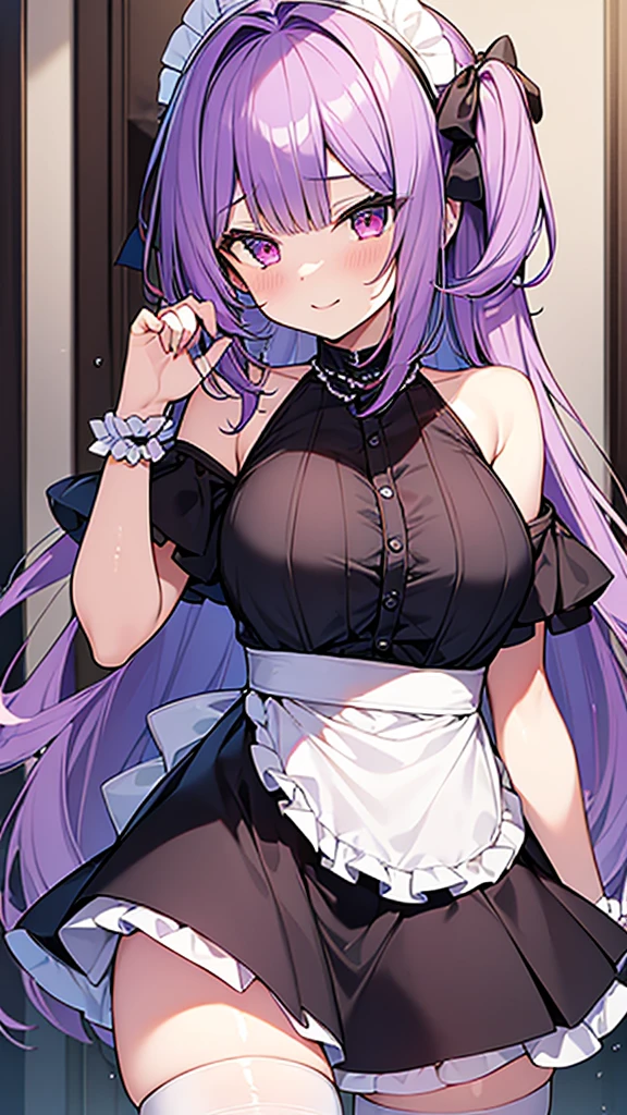 最high quality, high quality, Super detailed, 32k, Ultra-detailed details, Sister and maid, ( pretty girl, beautiful purple hair, Beautiful purple eyes, Big Breasts, A light smile, Red eyes, Off-the-shoulder sleeveless Summer clothes, Summer casual maid clothes, Short skirt, Blue and white color striped underwear, Black knee socks, My crotch is wet with love juice, 18-year-old,cute), {{The succubus peels the skin off her sister&#39;s face, sticks it on her face, and seduces her by dressing her as a maid.}}, She has transformed from a shy maid into a lewd one., A maid with her sister&#39;s face stuck on her face is vigorously pistoning her body, A maid who moves her body vigorously without caring if her breasts bounce, ((She straddles a sleeping man and has intense vaginal sex:1.5)), Cowgirl Sex,  Super detailed, Detailed sister photosが見える, Full body image, NSFW