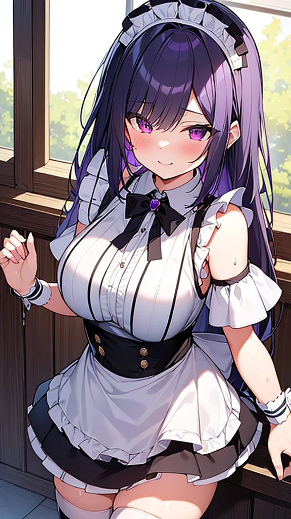 最high quality, high quality, Super detailed, 32k, Ultra-detailed details, Sister and maid, ( pretty girl, beautiful purple hair, Beautiful purple eyes, Big Breasts, A light smile, Red eyes, Off-the-shoulder sleeveless Summer clothes, Summer casual maid clothes, Short skirt, Blue and white color striped underwear, Black knee socks, My crotch is wet with love juice, 18-year-old,cute), {{The succubus peels the skin off her sister's face, sticks it on her face, and seduces her by dressing her as a maid.}}, She has transformed from a shy maid into a lewd one., A maid with her sister's face stuck on her face is vigorously pistoning her body, A maid who moves her body vigorously without caring if her breasts bounce, ((She straddles a sleeping man and has intense vaginal sex:1.5)), Cowgirl Sex, Super detailed, Detailed sister photosが見える, Full body image, NSFW