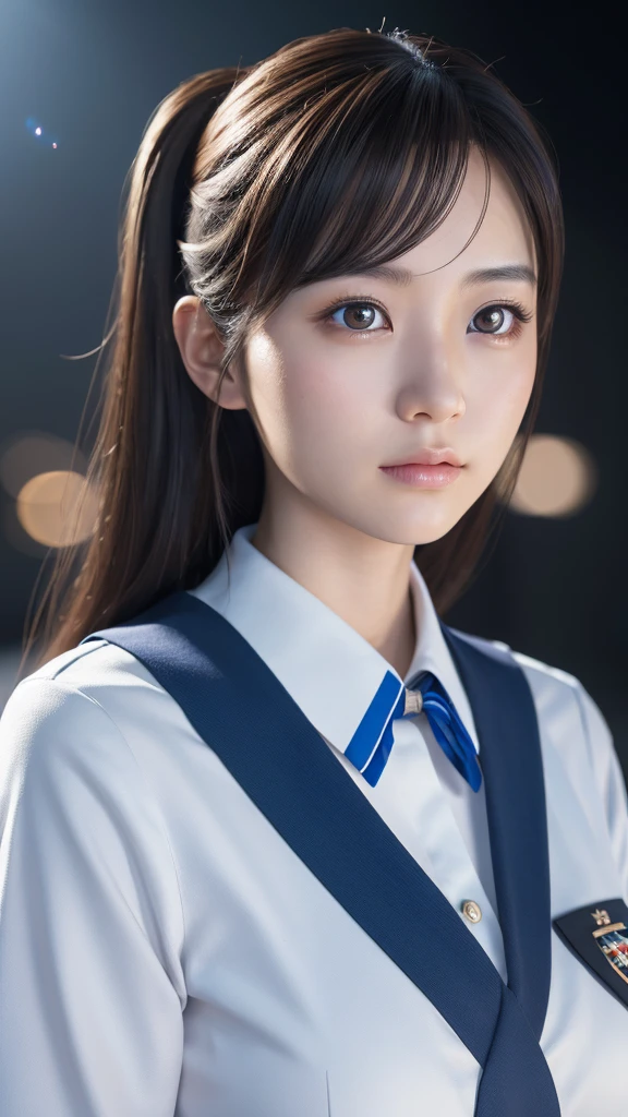 A beautiful young Japanese woman, around 20 years old, wearing a stewardess uniform, ultra-detailed, 8K resolution, highly realistic, cinematic lighting, best quality, masterpiece, photorealistic, physically-based rendering, extremely detailed, vivid colors, professional, sharp focus, studio lighting