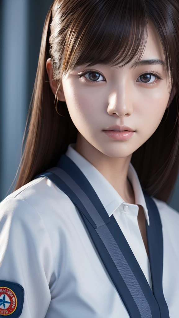 A beautiful young Japanese woman, around 20 years old, wearing a stewardess uniform, ultra-detailed, 8K resolution, highly realistic, cinematic lighting, best quality, masterpiece, photorealistic, physically-based rendering, extremely detailed, vivid colors, professional, sharp focus, studio lighting