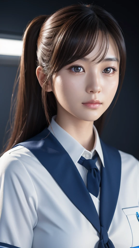 A beautiful young Japanese woman, around 20 years old, wearing a stewardess uniform, ultra-detailed, 8K resolution, highly realistic, cinematic lighting, best quality, masterpiece, photorealistic, physically-based rendering, extremely detailed, vivid colors, professional, sharp focus, studio lighting