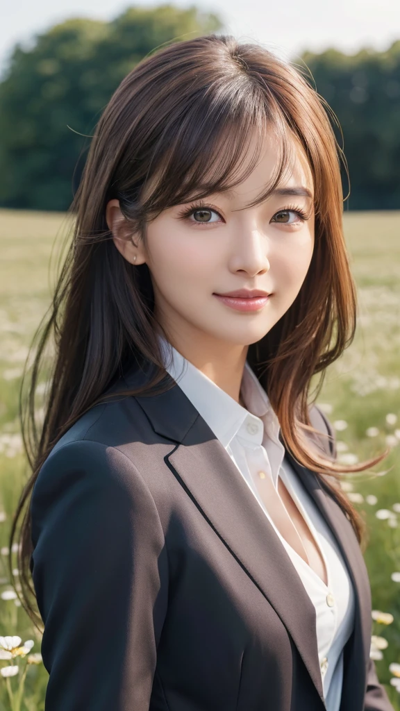 highest quality、genuine、Super detailed、finely、High resolution、8k wallpaper、one beautiful woman、、、light brown disheveled hair、wearing a business suit、sharp focus、perfect dynamic composition、beautiful and detailed eyes、thin hair、Detailed genuine skin texture、smile、model body shape、In a windswept meadow