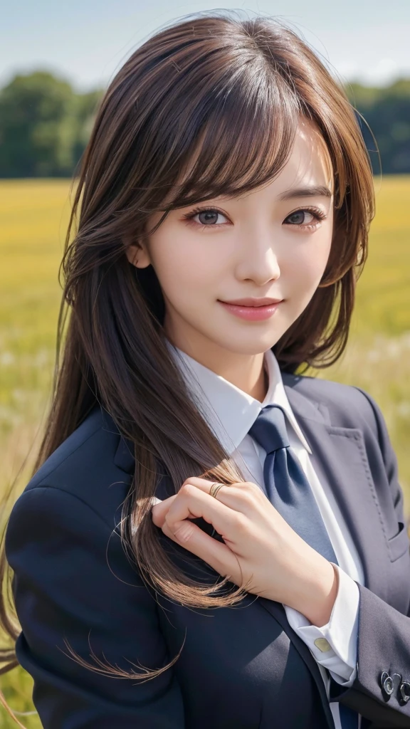 highest quality、genuine、Super detailed、finely、High resolution、8k wallpaper、one beautiful woman、、、light brown disheveled hair、wearing a business suit、sharp focus、perfect dynamic composition、beautiful and detailed eyes、thin hair、Detailed genuine skin texture、smile、model body shape、In a windswept meadow
