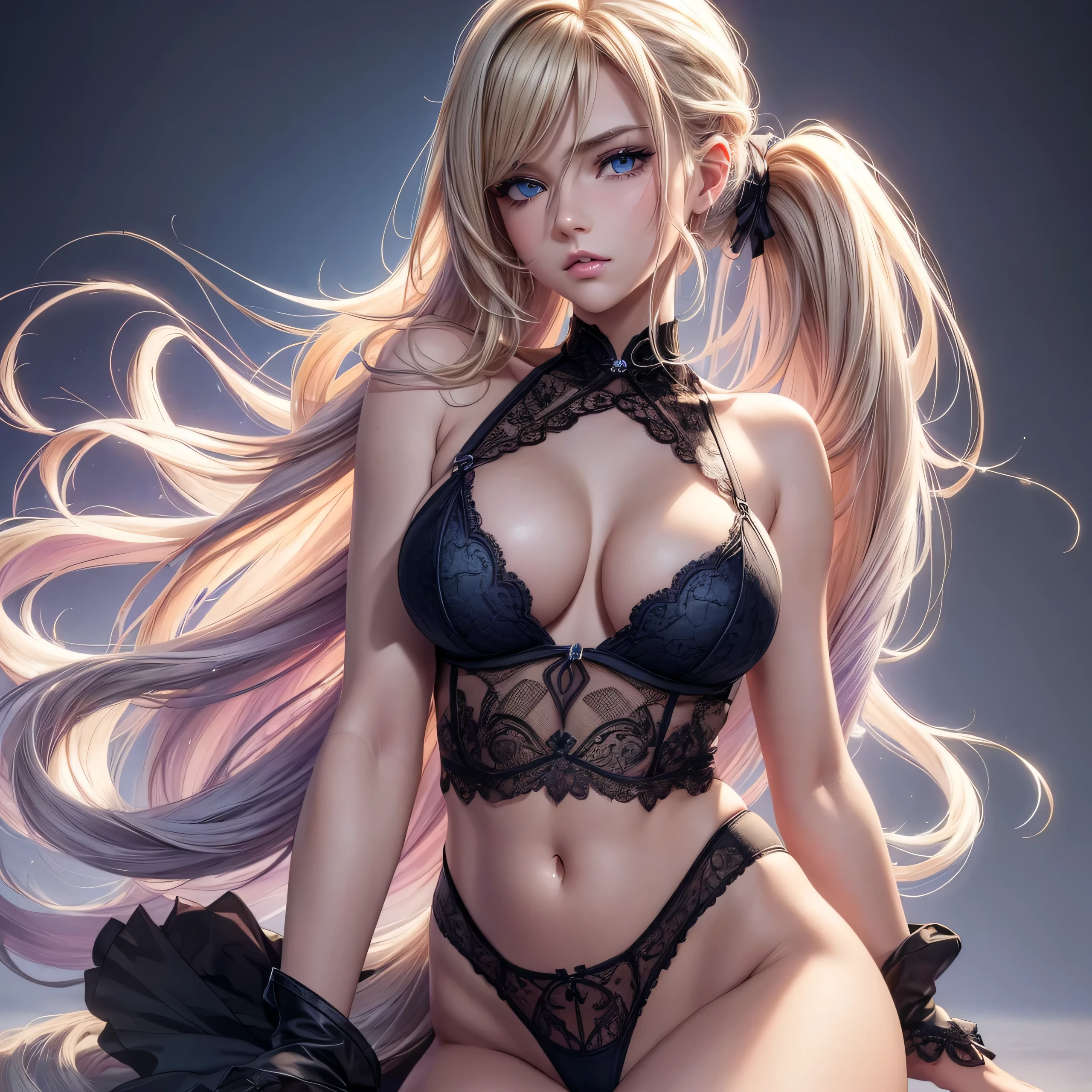 ((Solo)),(best quality: 1.4),Full body , high resolution, masterpiece, 4k, ultra detailed, very beautiful girl masterpiece, sexy blonde, long hair, ponytail, blue eyes, expressive eyes, detailed skin, realistic skin texture, texture, detailed eyes, beautiful woman, lilac bra, lilac lace panties, big tits , bikini .