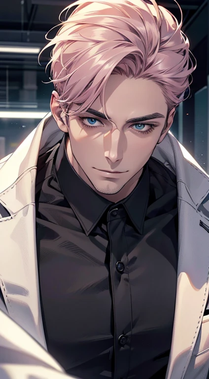 (best quality,4k,8k,highres,masterpiece:1.2),ultra-detailed,(realistic,photorealistic,photo-realistic:1.37),1 man,31 years old,mature man,very handsome,without expression,smile,short grey pink hair,blue eyes,penetrating gaze,perfect face without errors,imposing posture,businessman,office background,cinematic lighting,hdr image