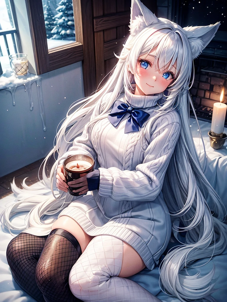 Anime, 1girl, backside view, white hair, blue eyes, glowing eyes, fishnet leggings, white winter sweater, mini-skirt, white underwear, slight smile, blush, cozy house, fireplace, white neck bow, white fox ears, black tight leggings, blue glowing, bedroom, back view, pillows, steaming hot cocoa, candy cane, lit candles, snowflake patterned blanket, chocolate bar, 