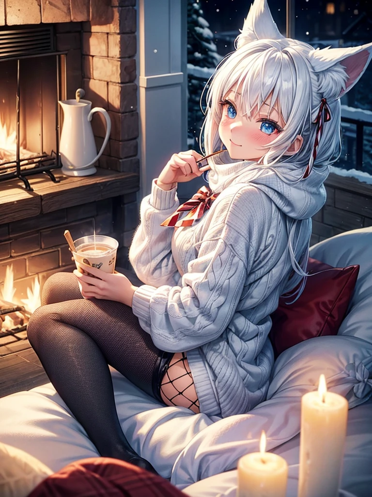 Anime, 1girl, white hair, blue eyes, glowing eyes, fishnet leggings, white winter sweater, mini-skirt, slight smile, blush, cozy house, fireplace, kitsune girl, fox plush, nine tailed girl, snow, white neck bow, fox ears, black tight leggings, blue glowing, winter themed blanket, winter themed bedroom, backside view, pillows, hot cocoa, candy cane, lit candles,