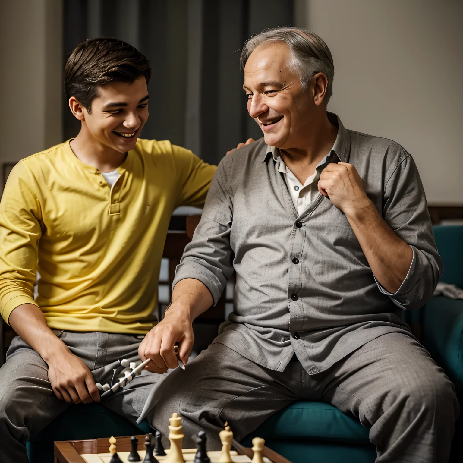 The old man in gray sat on a chair while playing chess with the young man in yellow, while smiling