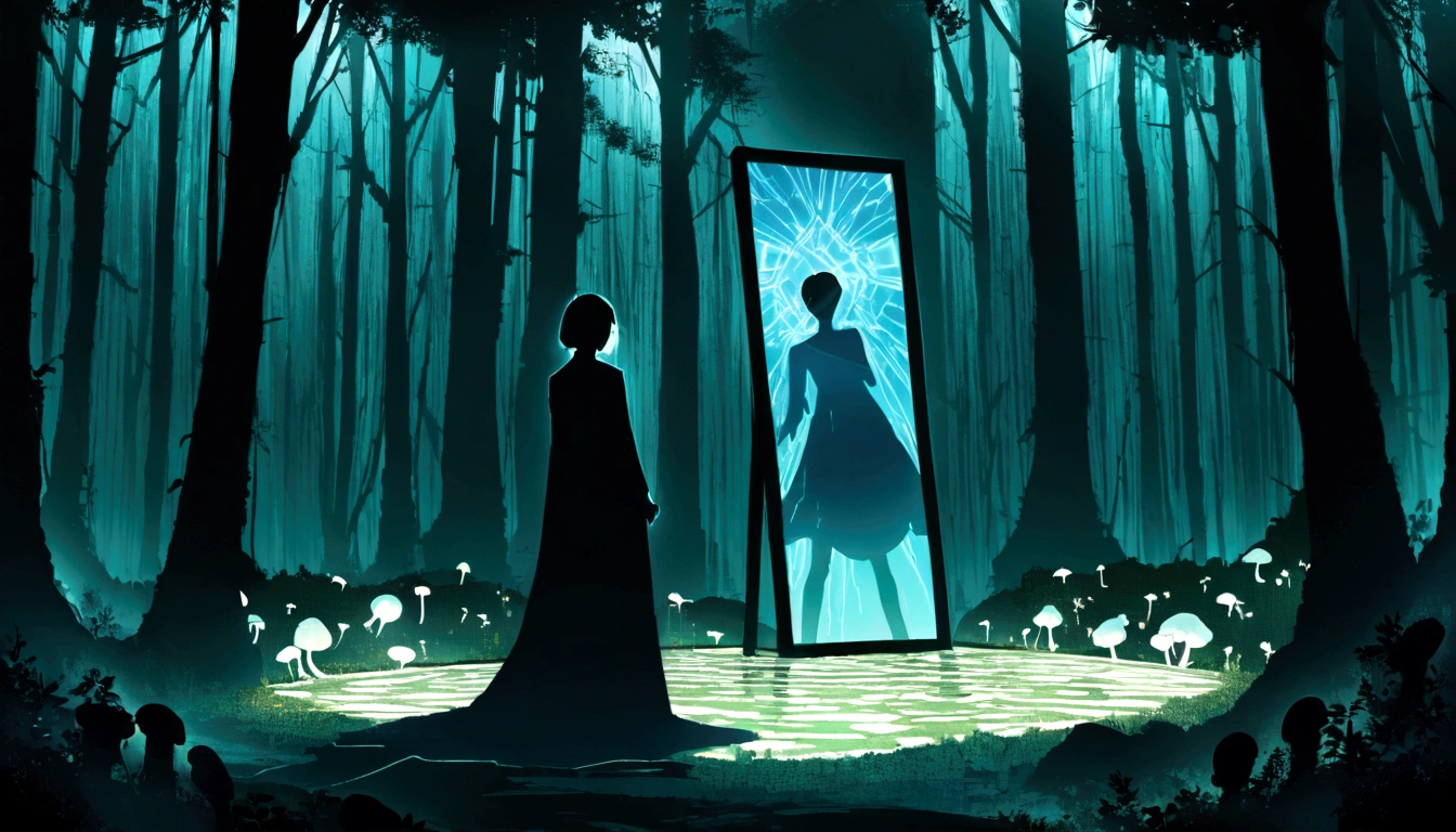 Mirror Eye in the center of à Labyrinthe, blue bioluminescent mushrooms, masterpiece, road into the woods, think outside the box, miracles, mirrors, two black silhouettes characters, the matrix, highres