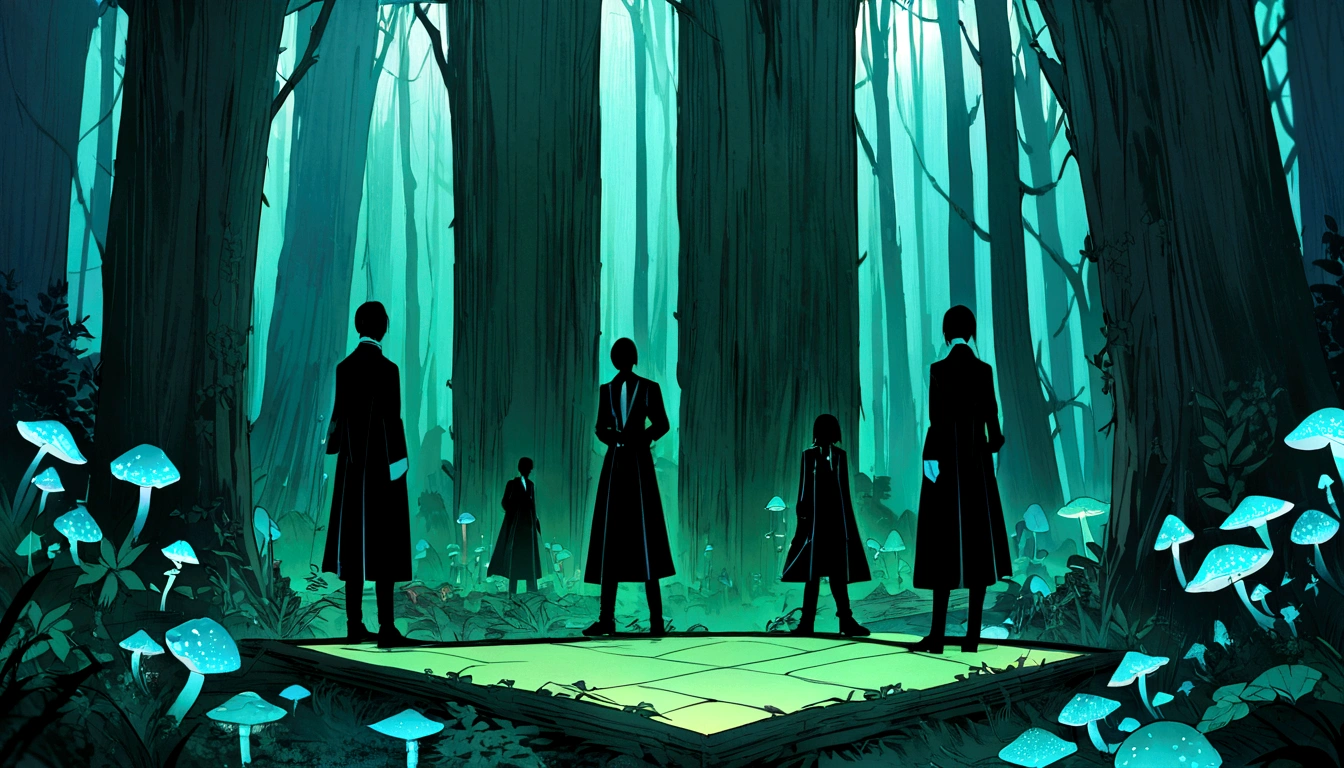 Mirror Eye in the center of à Labyrinthe, blue bioluminescent mushrooms, masterpiece, road into the woods, think outside the box, miracles, mirrors, two black silhouettes characters, the matrix, highres