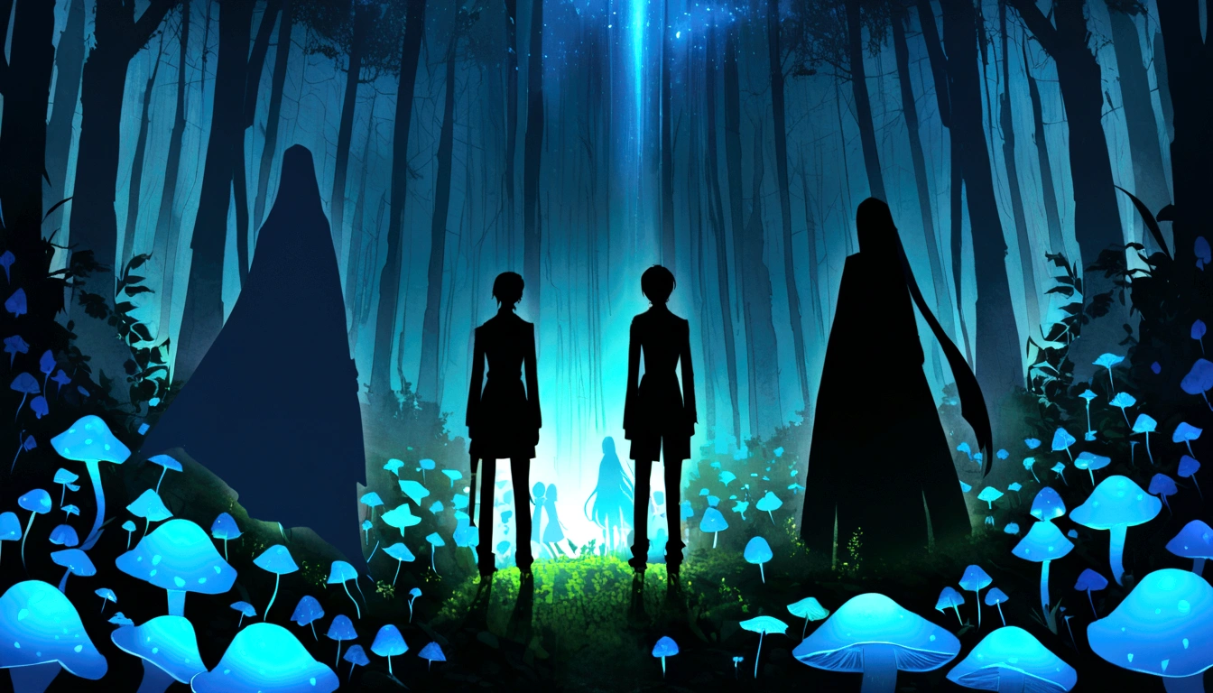 Mirror Eye in the center of à Labyrinthe, blue bioluminescent mushrooms, masterpiece, road into the woods, think outside the box, miracles, mirrors, two black silhouettes characters, the matrix, highres