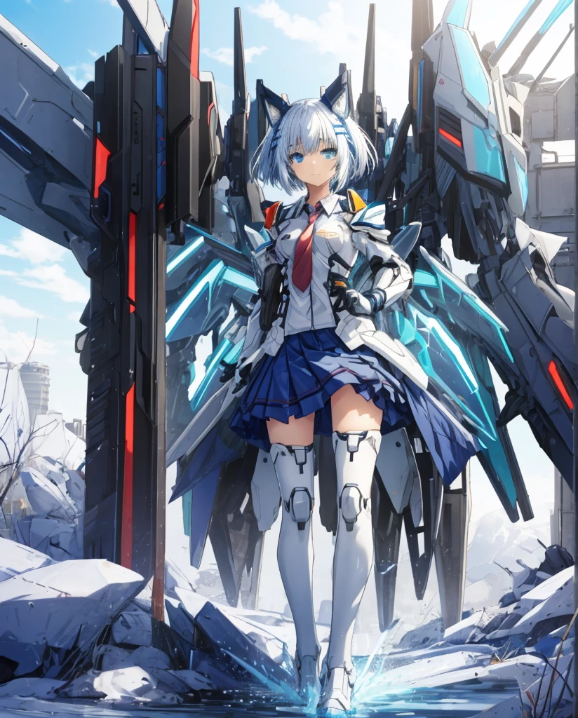 Masterpiece, sexy mecha-musume, light mecha top suit ((small neko ears)) and ((fox tail)), mechanical extensions, stokings, she is holding a giant Sniper Rifle Pointed to the ground, 
Beautiful face with perfect sky-blue and green eyes, white long hair, damaged oversized shirt over the suit which shows shoulders and skin. Futuristic wings with neon and rifles 
Cool dynamic pose, school skirt, loose  necktie. High quality anime style.

The girl has just trasformed ,she is a school student that battle against angels.
The mecha suit is only an accessory, she is wearings a  that has been damaged. 

She has very big white and blue mechanical tech fluo wings,she is standing in front of her enemies with a brave smile
