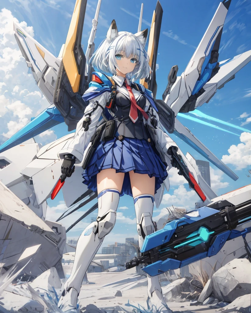 Masterpiece, sexy mecha-musume, light mecha top suit ((small neko ears)) and ((fox tail)), mechanical extensions, stokings, she is holding a giant Sniper Rifle Pointed to the ground, 
Beautiful face with perfect sky-blue and green eyes, white long hair, damaged oversized shirt over the suit which shows shoulders and skin. Futuristic wings with neon and rifles 
Cool dynamic pose, school skirt, loose  necktie. High quality anime style.

The girl has just trasformed ,she is a school student that battle against angels.
The mecha suit is only an accessory, she is wearings a  that has been damaged. 

She has very big white and blue mechanical tech fluo wings,she is standing in front of her enemies with a brave smile