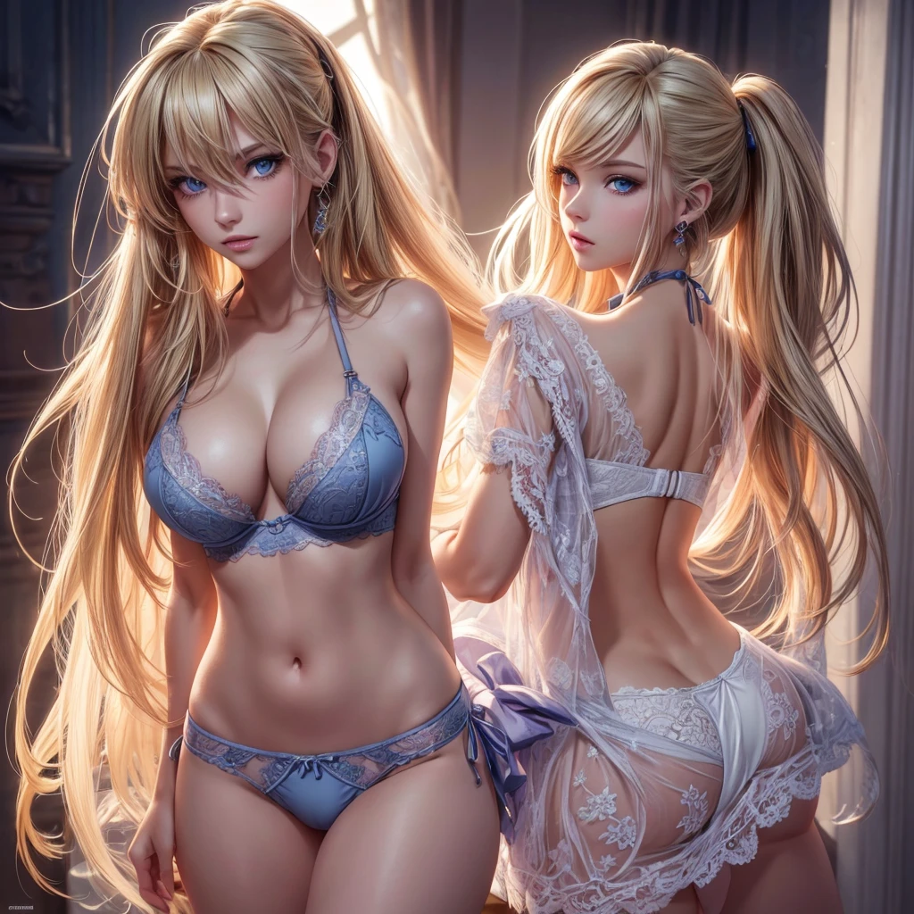 ((Solo)),(best quality: 1.4),Full body , high resolution, masterpiece, 4k, ultra detailed, very beautiful girl masterpiece, sexy blonde, long hair, ponytail, blue eyes, expressive eyes, detailed skin, realistic skin texture, texture, detailed eyes, beautiful woman, lilac bra, lilac lace panties, big tits , bikini .