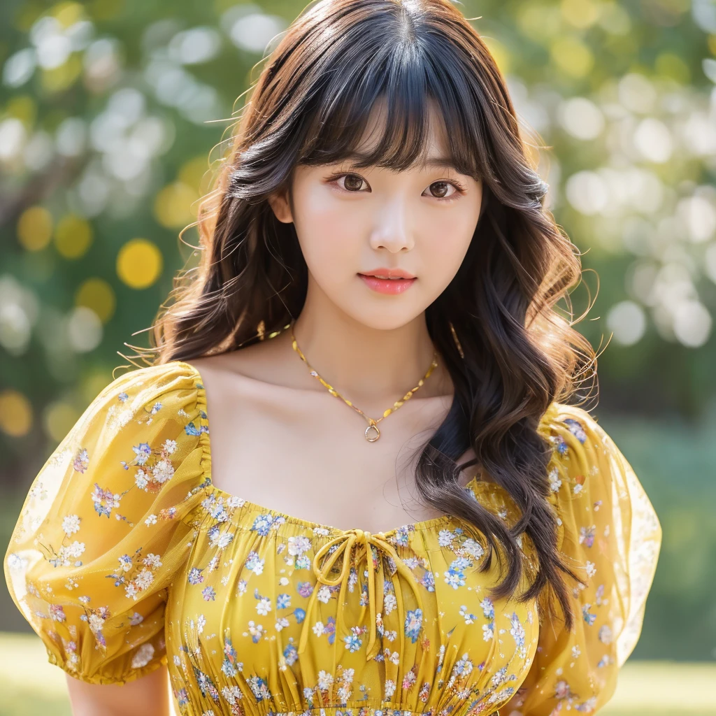 Korean girl with long black hair, and brown eyes. She is wearing a cute yellow dress with a long semi-transparent skirt, with a floral print and a neckline on her chest. Her sleeves are translucent. Her hair is a little curly