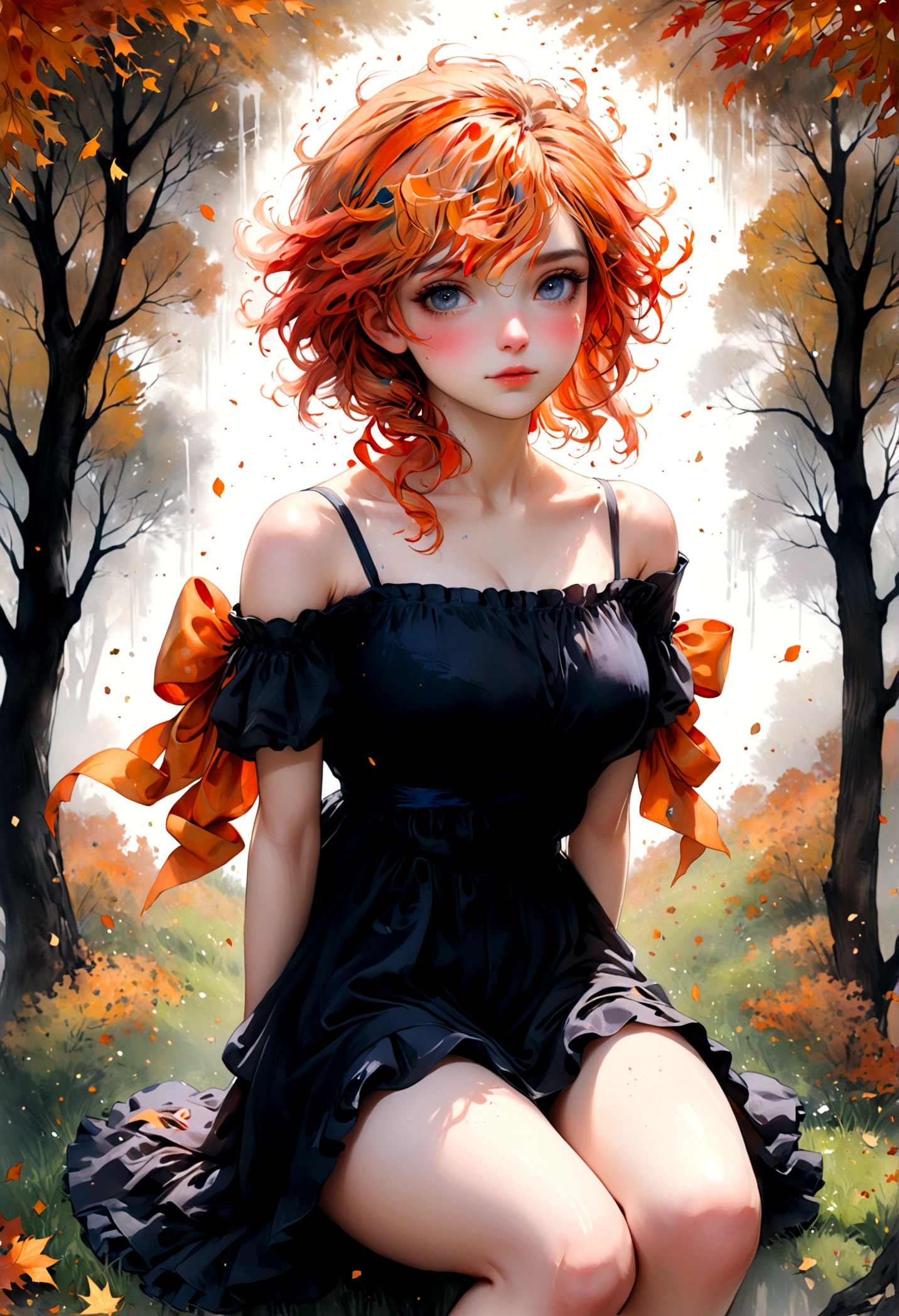 (8K, Best quality, Masterpiece:1.2),(Best quality:1.0), (Ultra-high resolution:1.0), aquarel, A beautiful woman, Shoulder, tress ribbon, upper legs,Sitting,author：Agnes Cecile, half-body portrait, extremely luminous bright design, Pastel colors, (ink:1.3), Autumn light avatar，Sassy，exquisite facial features，dingdall effect，depth of fields，dream magical
