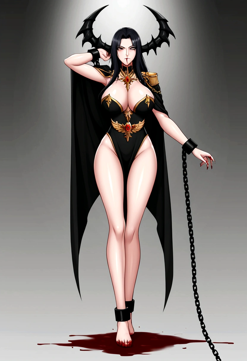 standing, a arrogant woman with eyes and long hair and leg and feet and big bust, Warhammer universe, anime design, wearing luxurious military lord captain garment, with grim dark elements, in a detailed darkened backdrop, surrounded by chains, blood