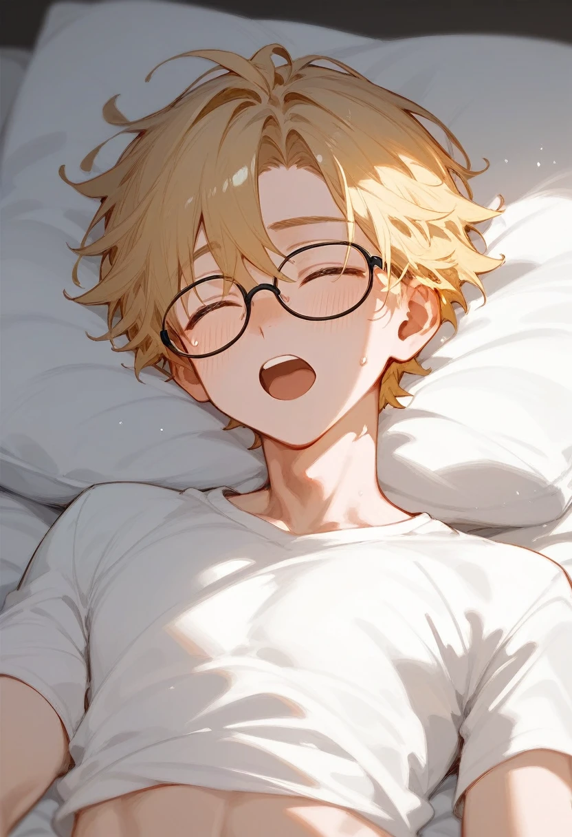 He is a man lying in bed with his eyes open and a look of desire sweating a lot. He is 18 years old, blonde and wears glasses, his hair is neck length., he's excited. moaning with eyes open. humida