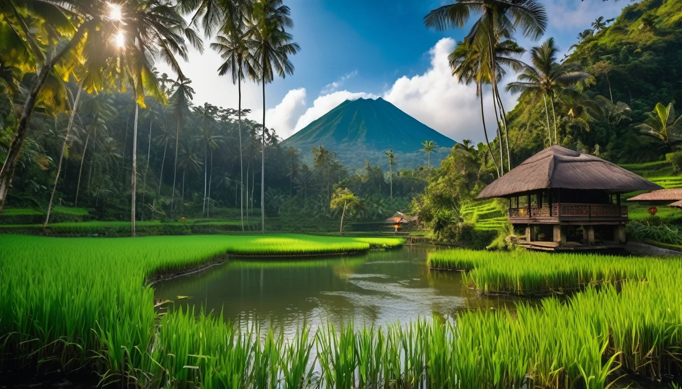 The waterfall flows from small cliffs of Bali into a lake. There is a small hut surrounded by tropical forest plants, volcano in the background and no clouds, vast rice fields full of rice plants, cloudless blue sky, no clouds, vibrant and realistic photography.