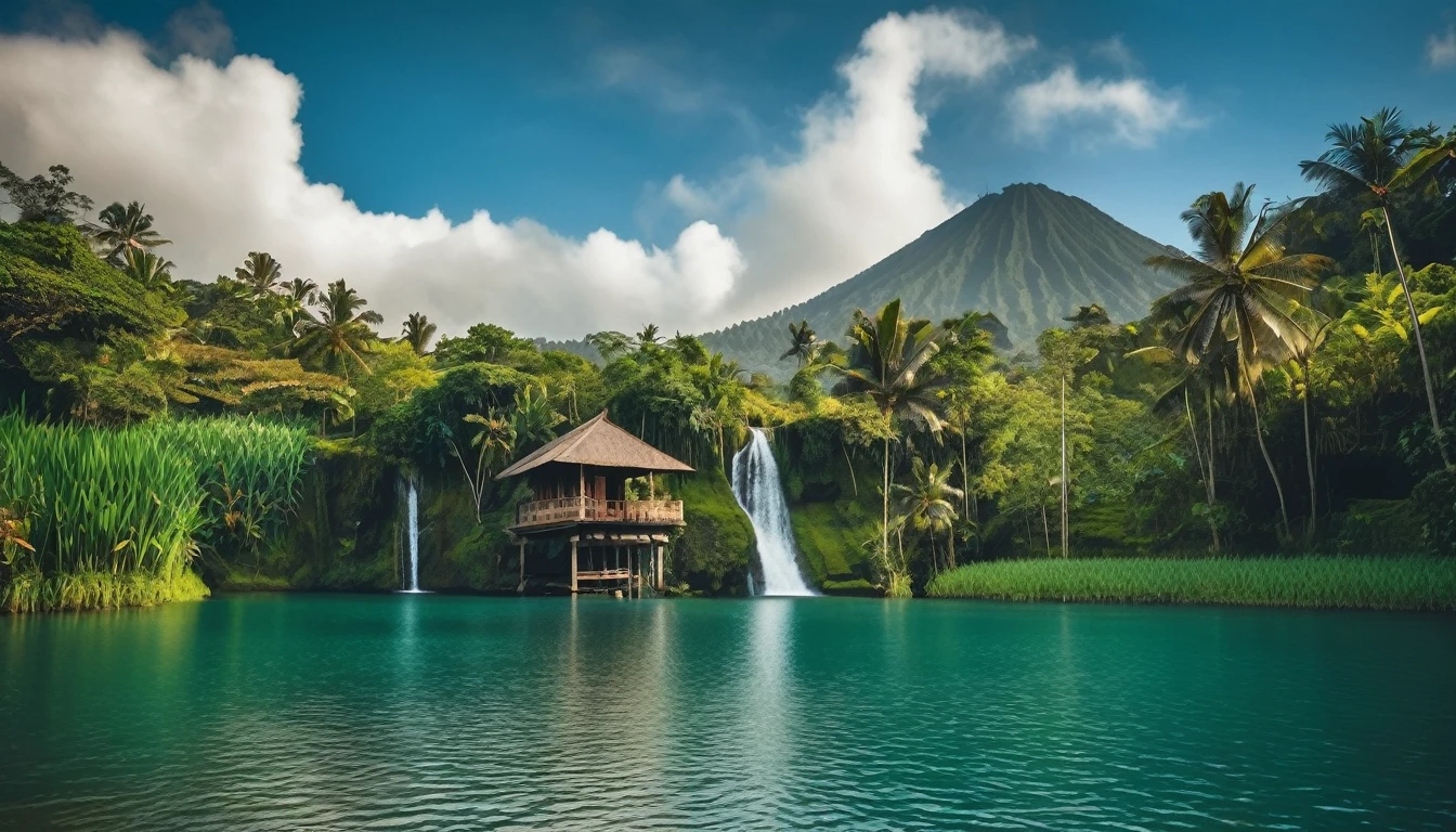 The waterfall flows from small cliffs of Bali into a lake. There is a small hut surrounded by tropical forest plants, volcano in the background and no clouds, vast rice fields full of rice plants, cloudless blue sky, no clouds, vibrant and realistic photography.